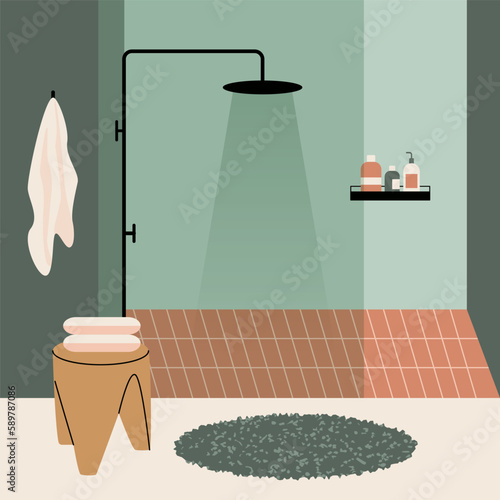 Modern bathroom interior. Contemporary shower cabin towel bottle holder, bath furniture accessories. Vector illustration