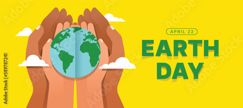 Earth day, april 22 text - Ault hand and child hands hold paper earth world on yellow background vector design