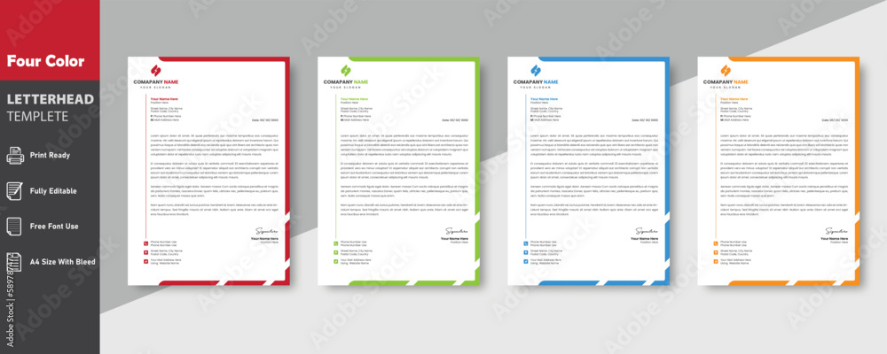 Simple and Professional Letterhead Design. Modern Official Corporate Company Business Letterhead Template Design With Color Variation Bundle.