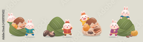 4 kinds of cute rabbits and Chinese Dragon Boat Festival traditional food Zongzi, glutinous rice wrapped in bamboo leaves