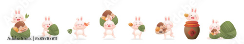 Cute rabbit with Chinese Dragon Boat Festival traditional food Zongzi, glutinous rice wrapped in bamboo leaves, Chinese translation: Wine