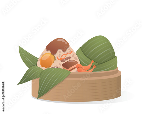 Chinese Dragon Boat Festival traditional food Zongzi, glutinous rice food wrapped in bamboo leaves and steamer