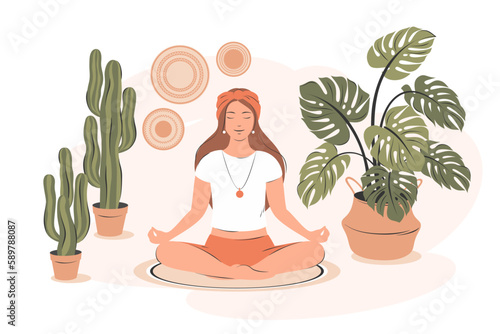 Smiling girl practicing yoga and enjoying meditation in her room or apartment. Concept illustration for yoga, meditation, relax, recreation, healthy lifestyle. Flat cartoon vector illustration.