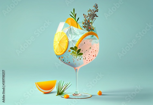 Gin tonic cocktail drink. flat illustration style. Generative AI photo