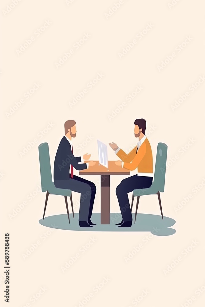 A job interview. Vector flat modern illustration of a man talking to a young man with laptop. Isolated on background