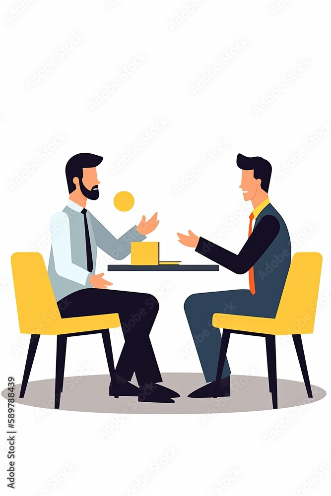 A job interview. Vector flat modern illustration of a man talking to a young man with laptop. Isolated on background A job interview. Vector flat modern illustration of a man talking to a young man with laptop. Isolated on background