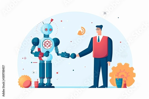 Robot Handshake With Man Futuristic Artificial Intelligence Technology Concept Flat Vector Illustration