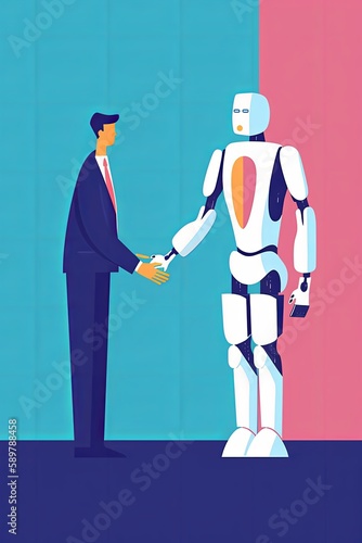 Robot Handshake With Man Futuristic Artificial Intelligence Technology Concept Flat Vector Illustration
