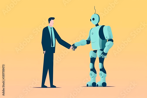 Robot Handshake With Man Futuristic Artificial Intelligence Technology Concept Flat Vector Illustration