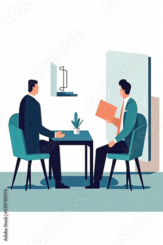 A job interview. Vector flat modern illustration of a man talking to a young man with laptop. Isolated on background