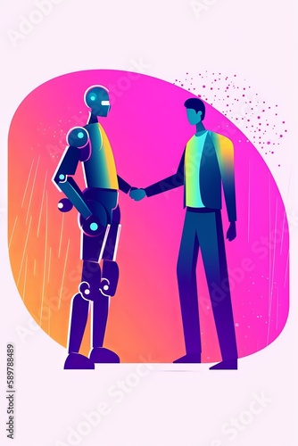 Robot Handshake With Man Futuristic Artificial Intelligence Technology Concept Flat Vector Illustration