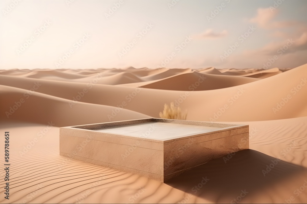Pro desert-themed photography with an empty mockup podium. Sandy oasis backdrop. Generative AI Pro desert-themed photography with an empty mockup podium. Sandy oasis backdrop. Generative AI