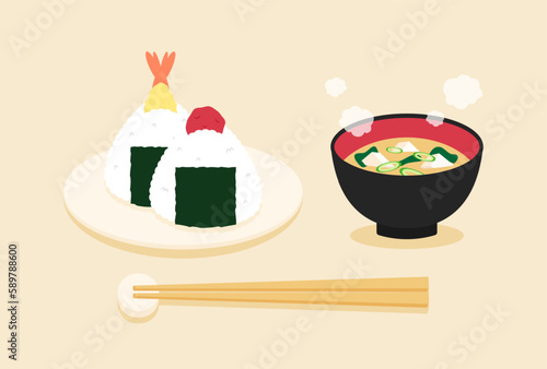 vector illustrations of a set of onigiri, miso soup and chopsticks for banners, cards, flyers, social media wallpapers, etc.