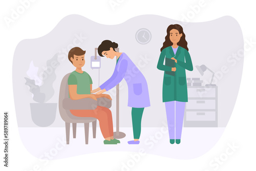 Cartoon character of young man donating his blood in hospital. Doctor and nurse taking lifeblood to test flasks. Male volunteer sitting in hospital medical chair. Vector