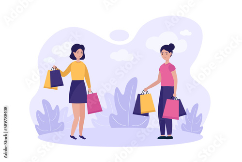 Cartoon characters of young women holding shopping bags. Female friends shopping together. Buying goods from sale. Modern consumer society. Contemporary urban lifestyle. Vector