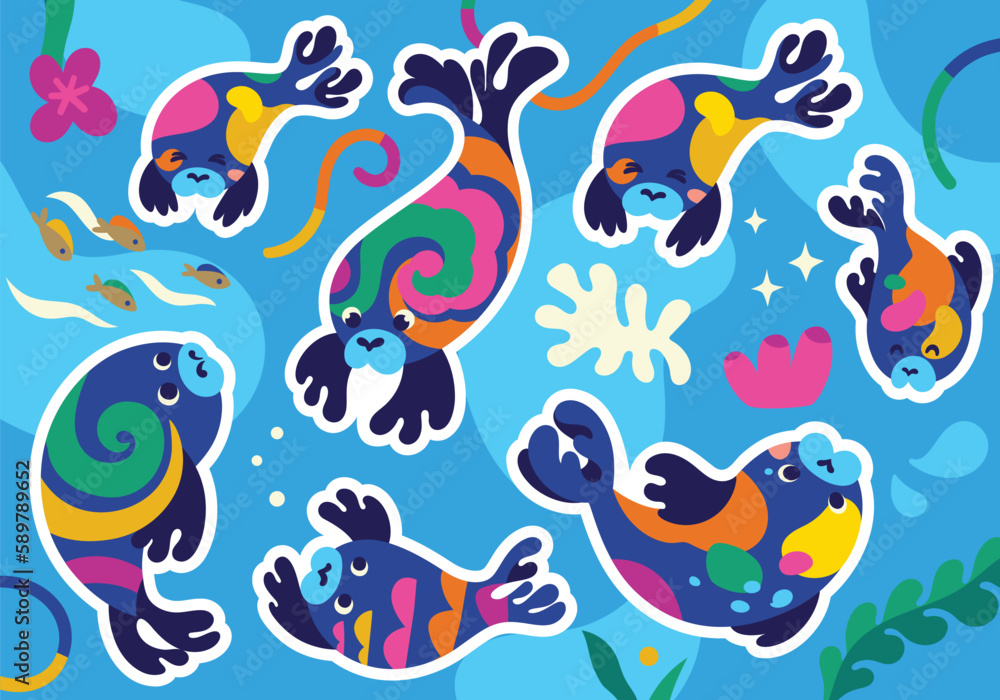 Obraz premium Collection with cute bright seal characters. Vector sticker set