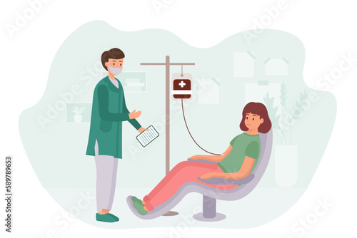 Cartoon characters of doctor and woman donating her blood. Nurse taking lifeblood to test flasks. Female volunteer sitting in hospital medical chair. Vector