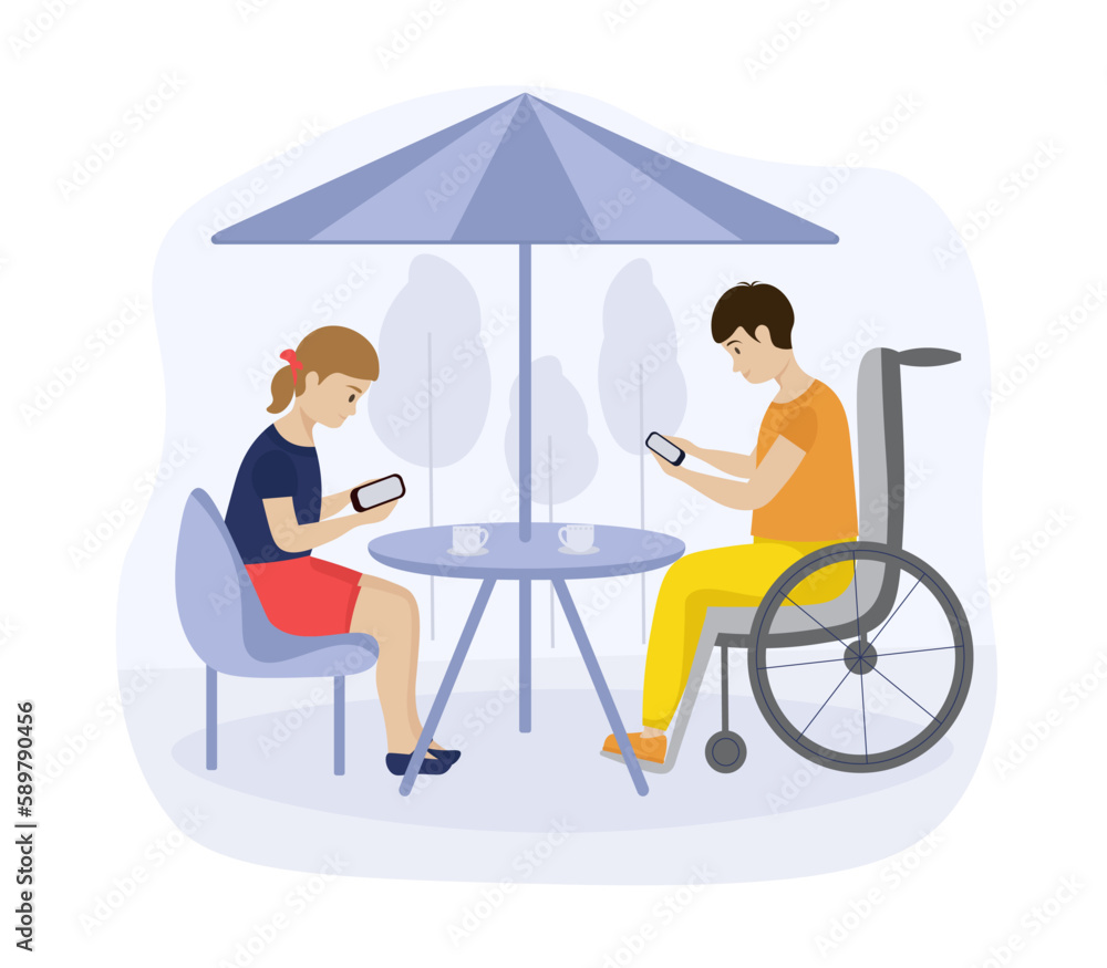 Cartoon characters of couple using social networks when drinking coffee. Young people looking on smartphones in cafe. Modern urban lifestyle benefits. Vector