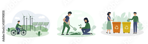 Set of different young people taking care of nature. Cartoon characters living in eco green city. Social charity activities. Volunteers working together. Vector