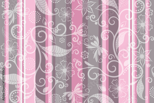 Vector gray-rose seamless pattern of vertical stripes with white translucent floral pattern