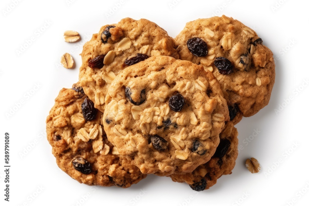 Oatmeal Raisin Cookies Vegetarian Dessert On White Background, Top View. Generative AI Oatmeal Raisin Cookies Vegetarian Dessert On White Background, Top View. Generative AI