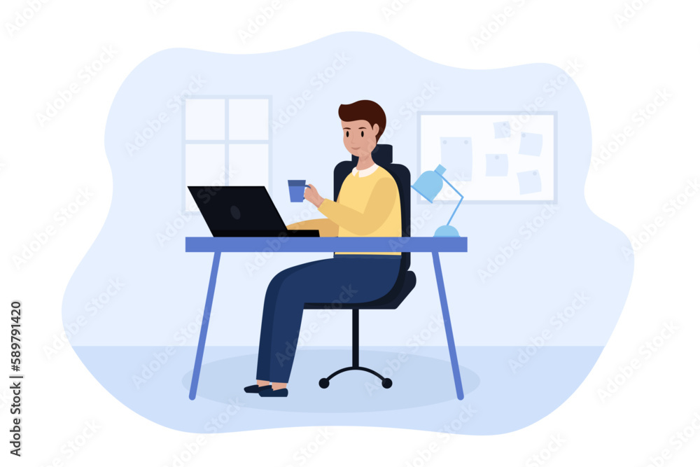 Cartoon character of young man drinking tea and working using laptop. IT specialist doing his task. Person writing computer code. Software engineering process. Office worker lifestyle. Vector