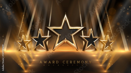Awards ceremony background with dark corridors and spotlights effect and 3D golden star elements and bokeh decoration. Vector illustration.