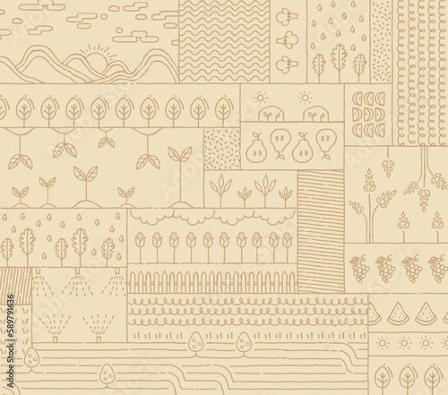 Golden Brown Drawing Vector Line Art Background Pattern Illustration of Crop Cultivation Various Agricultural Farming.