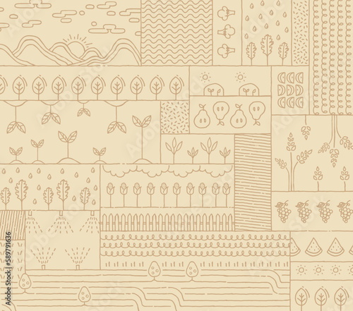 Golden Brown Drawing Vector Line Art Background  Pattern Illustration of Crop Cultivation Various Agricultural Farming.