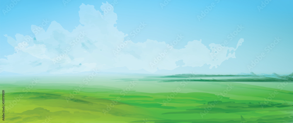 Minimal nature banner, fields and sky. Green grass, blue sky. Watercolor textured vector illustration. 