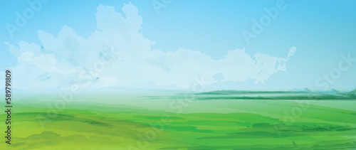 Minimal nature banner, fields and sky. Green grass, blue sky. Watercolor textured vector illustration. 