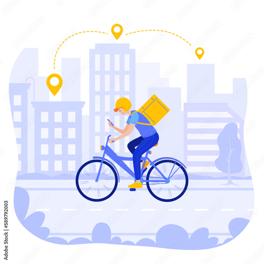 Cartoon character of young man working as regional parcel carrier on bike. Express delivery services. Internet store online order shipping. Technology and logistics. Vector Cartoon character of young man working as regional parcel carrier on bike. Express delivery services. Internet store online order shipping. Technology and logistics. Vector
