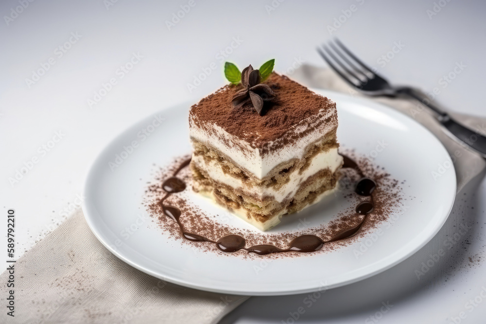Tiramisu Vegetarian Dessert On White Background, Top View. Generative AI Tiramisu Vegetarian Dessert On White Background, Top View. Generative AI
