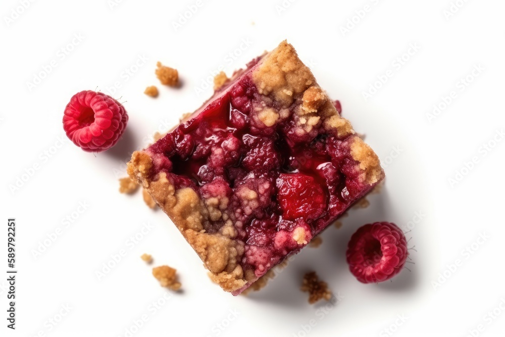 Vegan Raspberry Bars Dessert On White Background, Top View. Generative AI Vegan Raspberry Bars Dessert On White Background, Top View. Generative AI