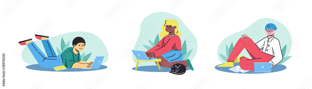 Set of cartoon characters of young people working on laptops at home. Successfully time management for freelancers. Creative employees doing their remote job. Vector Set of cartoon characters of young people working on laptops at home. Successfully time management for freelancers. Creative employees doing their remote job. Vector