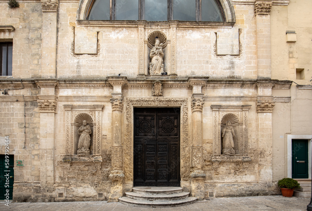 Facade and entrance of one of the many old churches in Matera, Basilicata, Italy