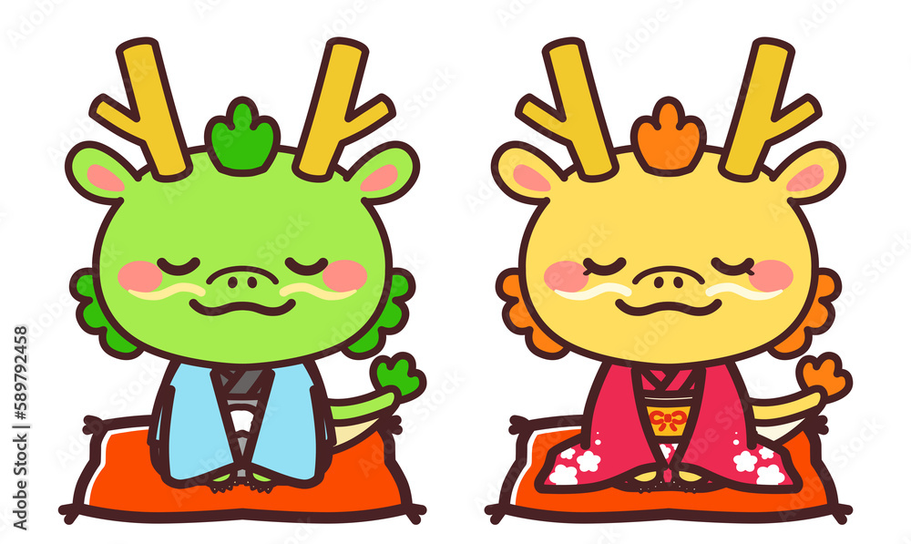 着物を着た辰のかわいいキャラクター　男女　お辞儀　イラスト