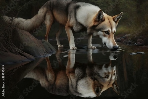 wolf reflectin on a pool illustration generative ai photo