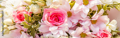 Modern floral bouquet of different flowers, colorful bunch of flowers.pink roses, Chrysanthemum. daisy and Eustoma. Colorful postcard. Congratulation or present concept.web banner