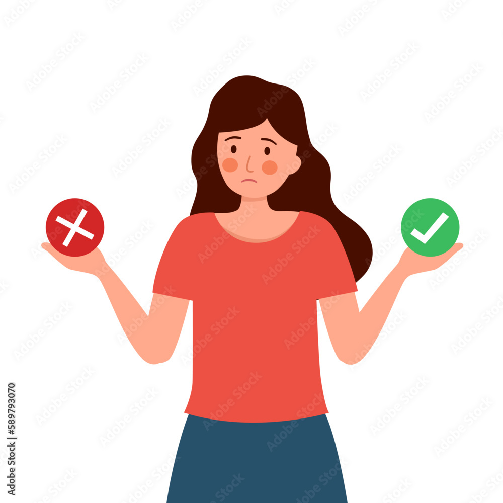 Woman making decision. Right or wrong concept vectors illustration.