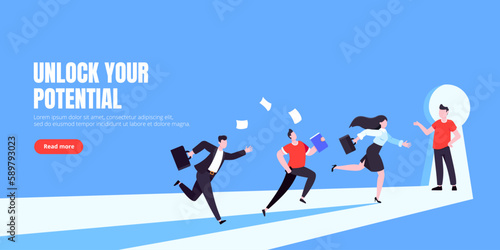 Unlock your opportunity concept with keyhole and ambitious people running to career potential and work financial success flat style vector illustration. New way business beginnings and unlock future.