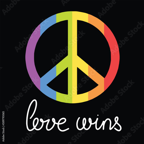 Square banner, love wins. Pacifist sign with rainbow. Vector illustration. Conception LGBT
