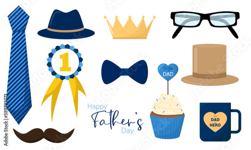 Collection of man symbols. Clip art happy Father's day. Tie, hat, cup, muffin, eyeglasses, mustache, crown, medal. Vector illustration.