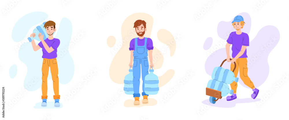 Set of cartoon characters of young men delivering water. Couriers carrying purified drinkable liquid bottles. Express city courier services. Process of doorstep delivery to home. Vector