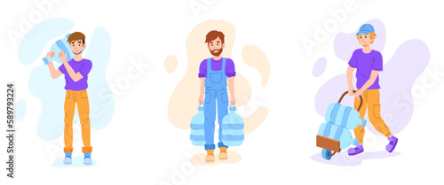Set of cartoon characters of young men delivering water. Couriers carrying purified drinkable liquid bottles. Express city courier services. Process of doorstep delivery to home. Vector