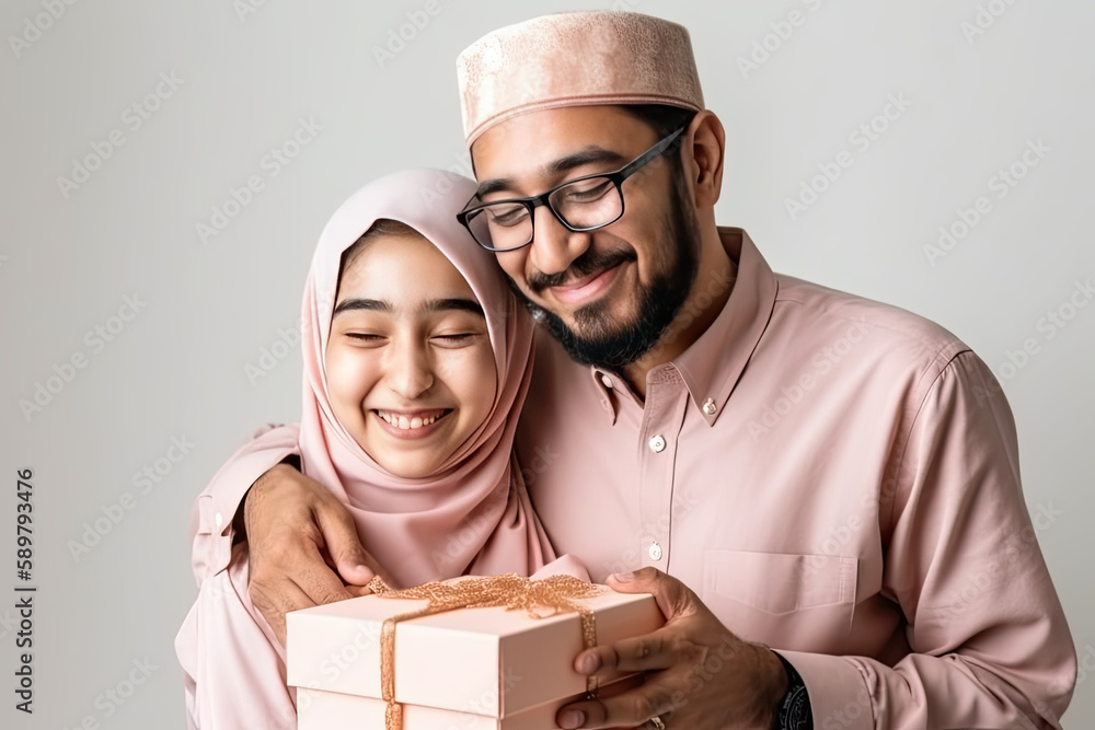 Little muslim daughter surprising his Muslim Father with gift, giving him present box while sitting together on sofa at home. Father’s day concept. Generated Ai