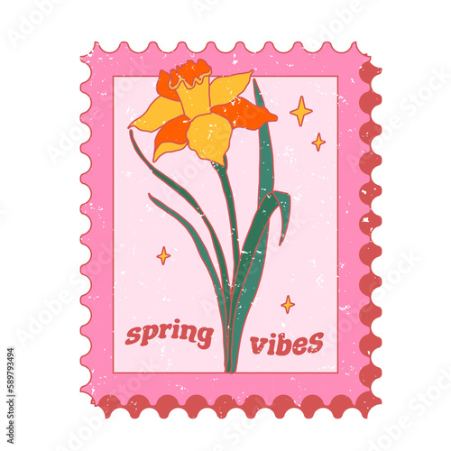 Beautiful retro hand-drawn post stamp with Daffodils. Spring vibes greeting card.