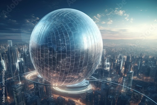 Futuristic globe in front of futuristic Indian city, connecting buyers and sellers with a futuristic city in the background, Generative AI © Mohammad