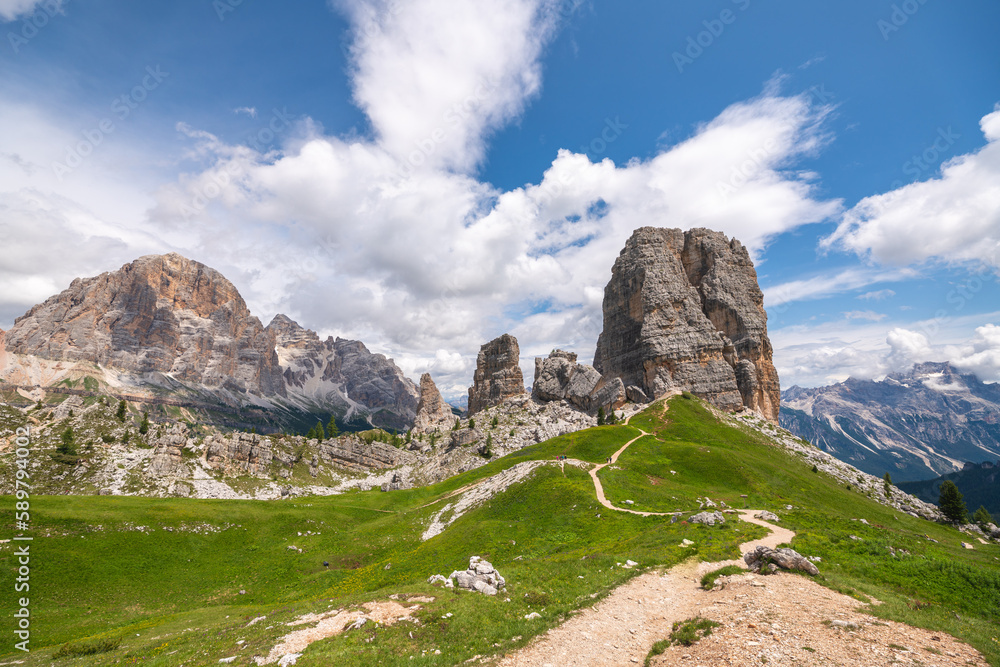Cinque Torri in Dolomites mountains in Italy