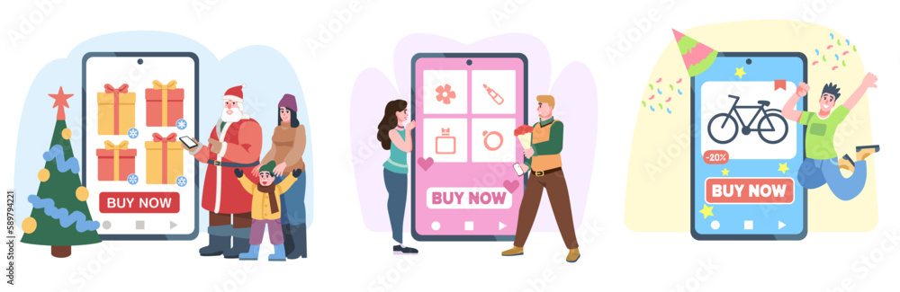 Set of cartoon characters of young men and women doing online shopping. Process of buying Christmas gifts via Internet. Special offers and discounts. Vector Set of cartoon characters of young men and women doing online shopping. Process of buying Christmas gifts via Internet. Special offers and discounts. Vector